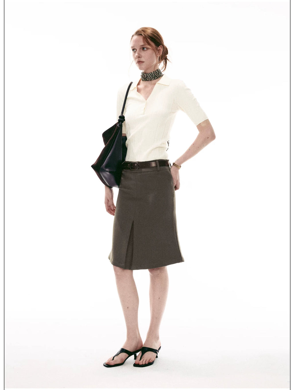 French-Inspired Ribbed Half Sleeve Polo Knit Top