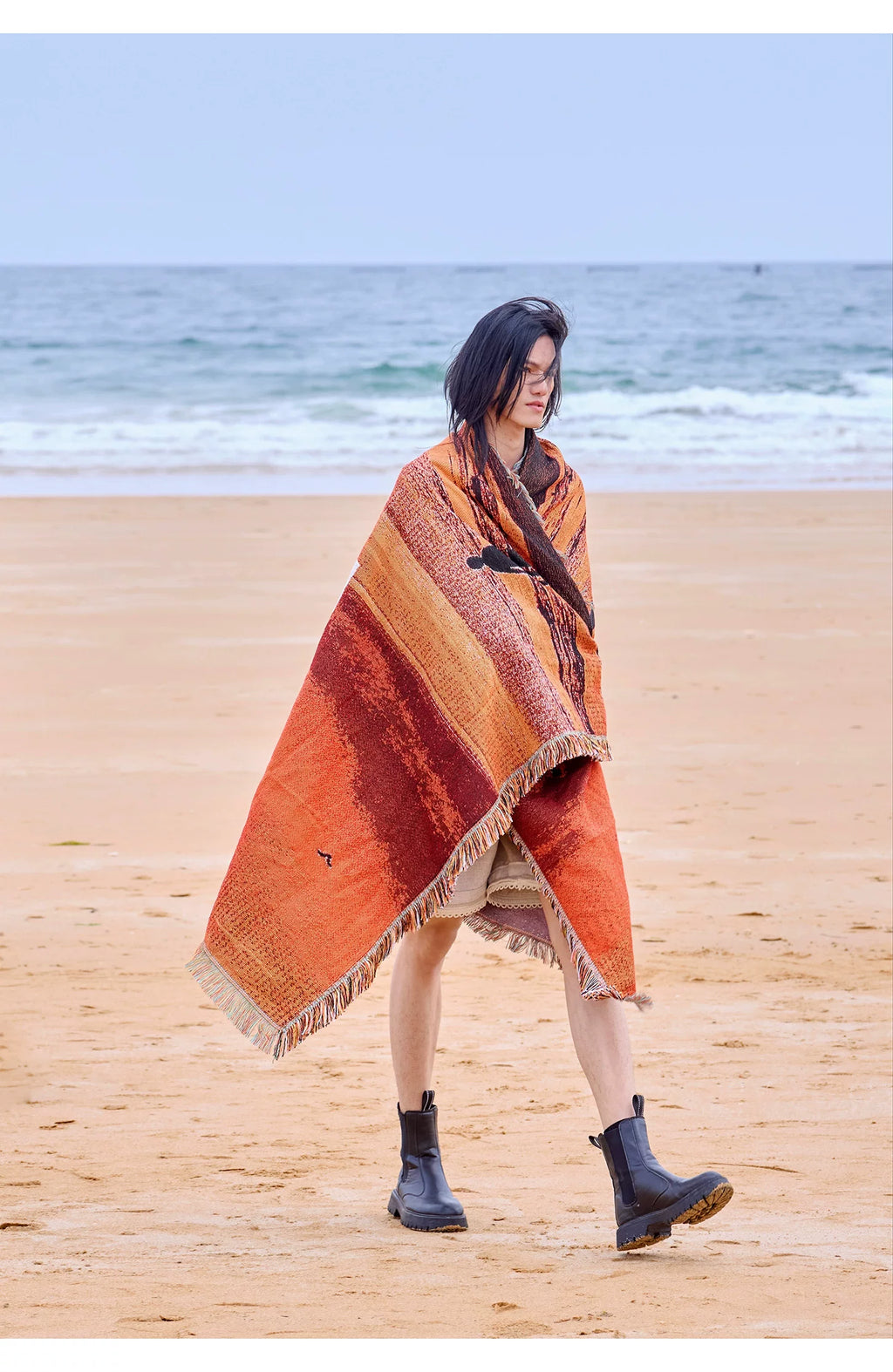 Sunset Print Tassel Throw Blanket for Outdoor Camping
