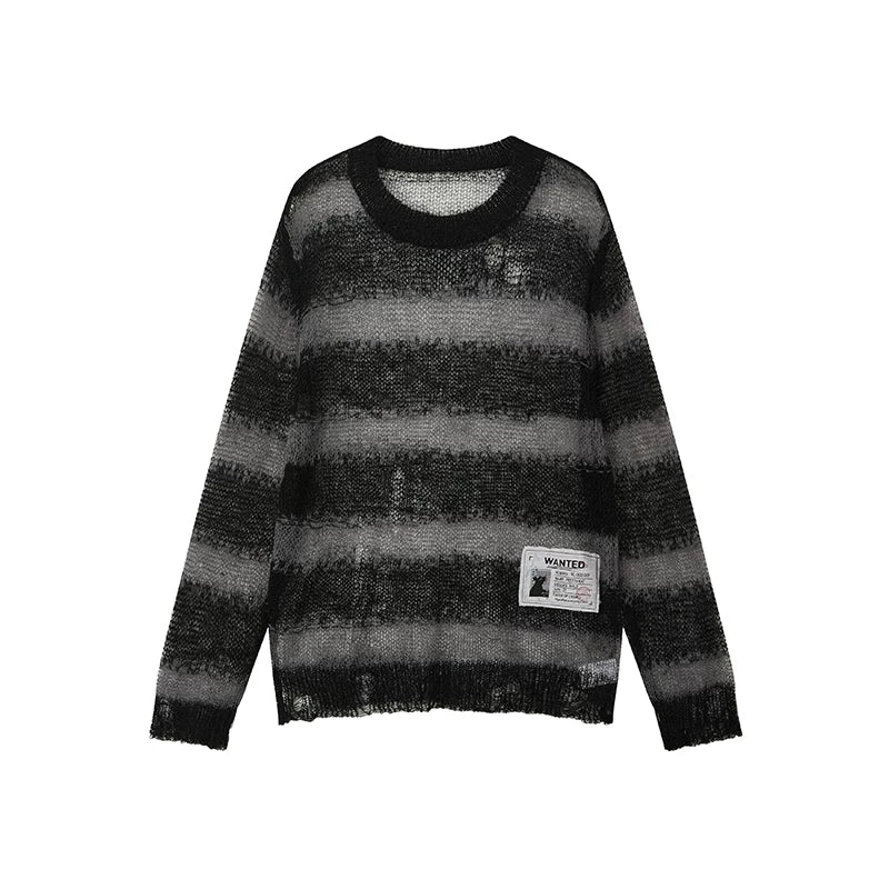 Soft Wool & Mohair Striped Open-Knit Distressed Sweater