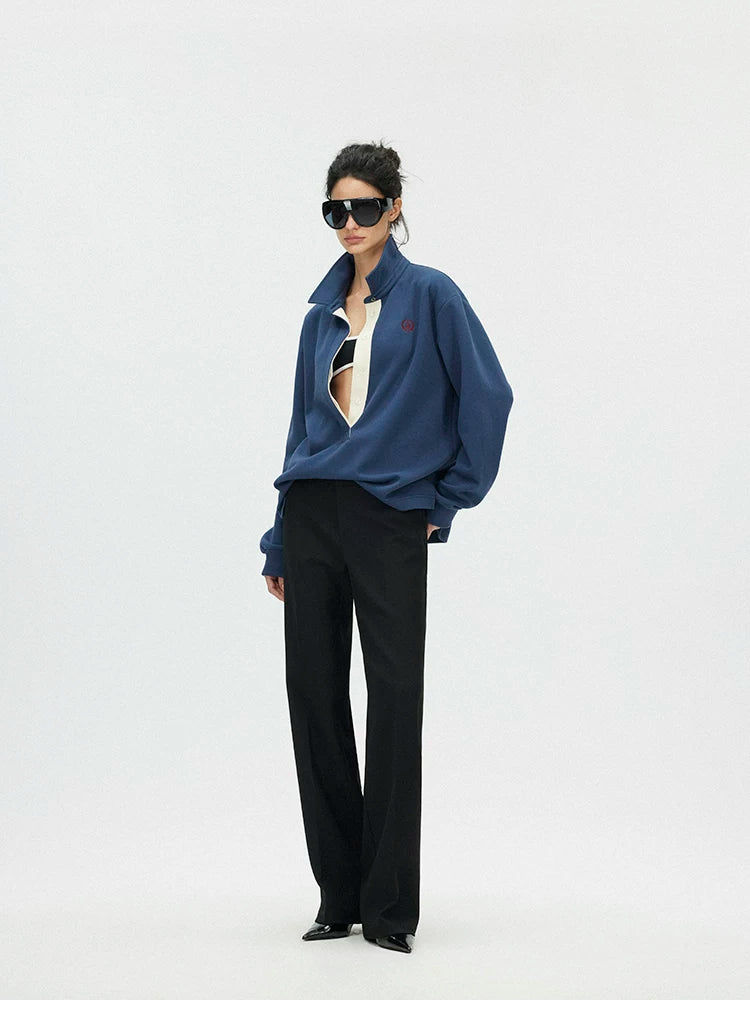 Contrast Trim Embroidered Long Sleeve Polo Shirt