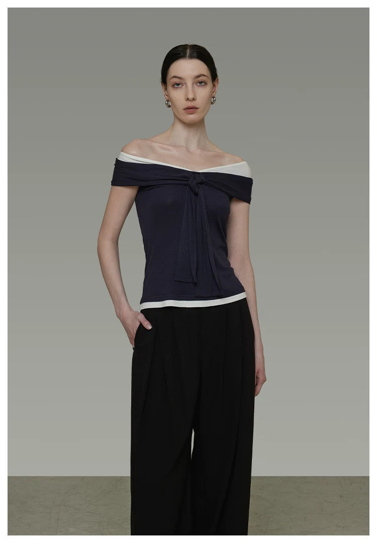 Contrast Color Off-Shoulder T-Shirt