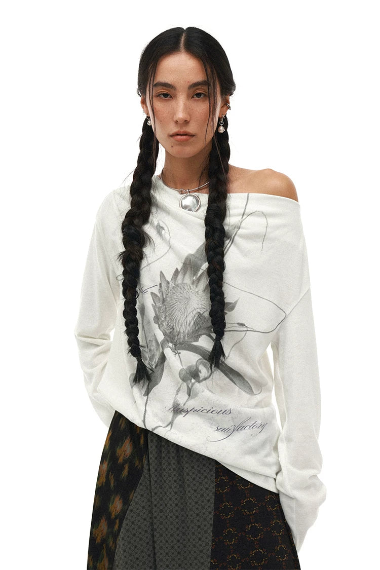 Moon Neck Asymmetric Floral Long Sleeve T-Shirt