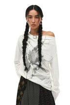 Moon Neck Asymmetric Floral Long Sleeve T-Shirt