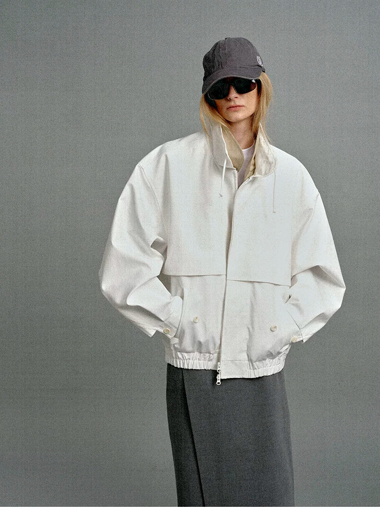 Contrast Trim Double-Placket Stand Collar Oversized Jacket