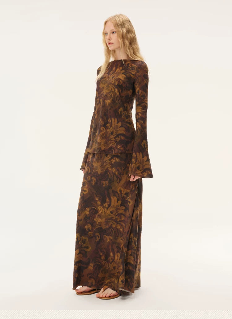 Painterly Print Mulberry Silk Midi Skirt