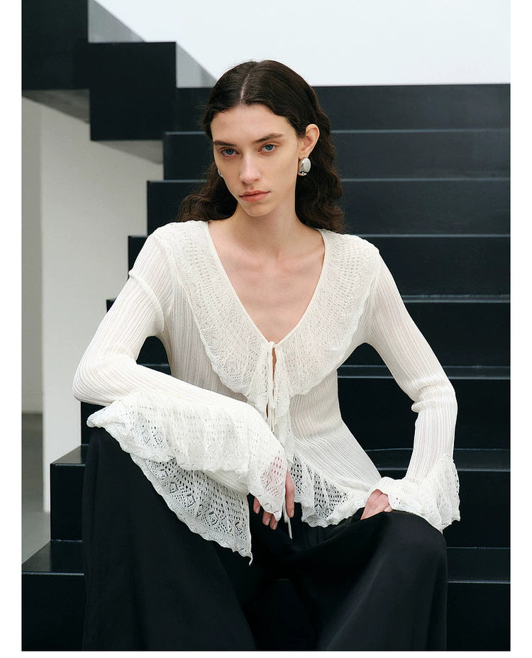 Lace Ruffle V-Neck Knit Cardigan