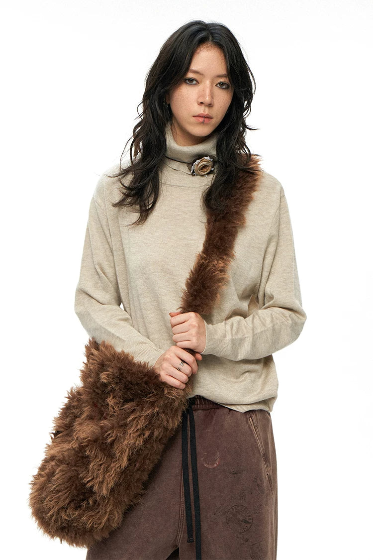 Brown Plush Embroidered & Leather Crossbody Bag – Large Capacity