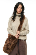 Brown Plush Embroidered & Leather Crossbody Bag – Large Capacity