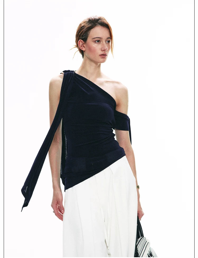 French-Inspired Acetate One-Shoulder Tie Detail Sleeveless Top