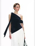French-Inspired Acetate One-Shoulder Tie Detail Sleeveless Top