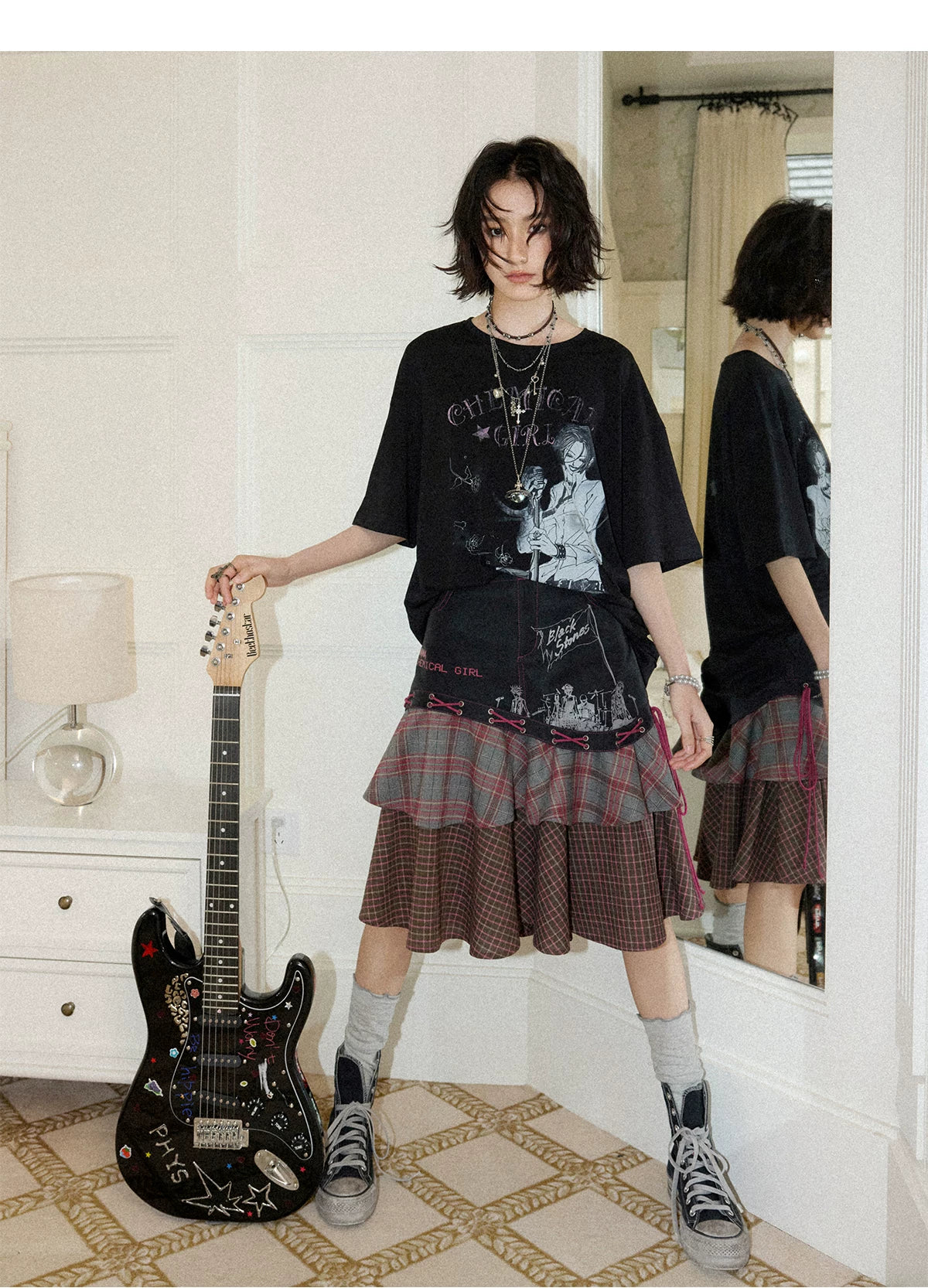 NANA Collaboration Plaid Patchwork Lace-Up Tiered Skirt
