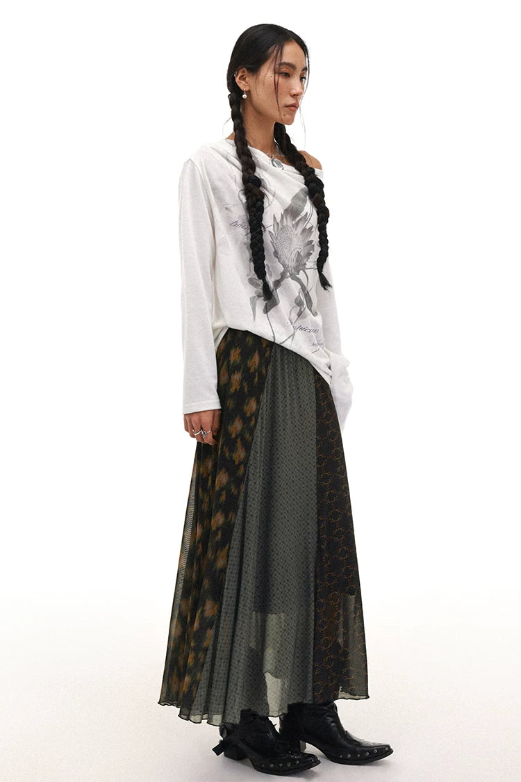Floral Asymmetric Draped Midi Skirt