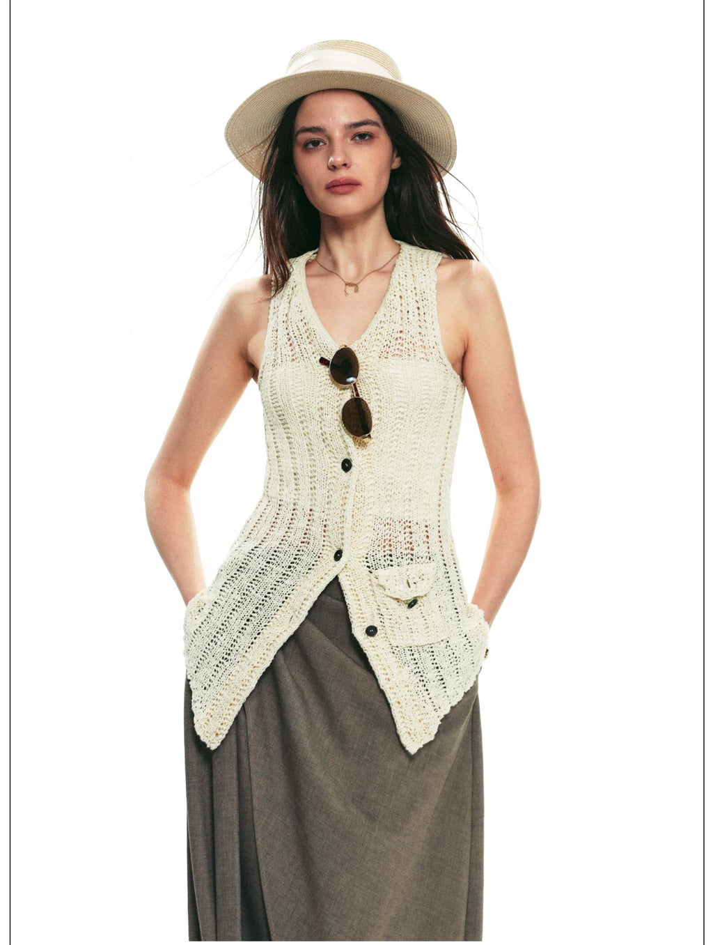 French Vintage Sleeveless Pointelle Knit Vest for Summer