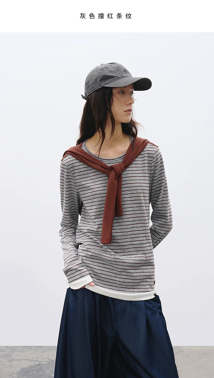 Crew Neck Relaxed Fit Layered-Look Striped T-Shirt – Casual Two-in-One Tee
