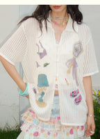 Knitted Openwork Vertical Stripe Loose Fit Shirt