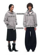 Oversized Gray Zip Hoodie with Trendy Slogan Print