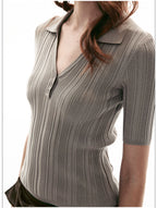 French-Inspired Ribbed Half Sleeve Polo Knit Top