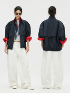 Contrast Trim Double-Placket Stand Collar Oversized Jacket