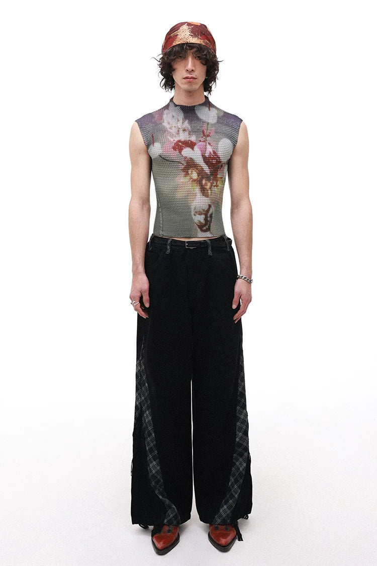 Plaid Lace Panel Draped Boho Flared Jeans