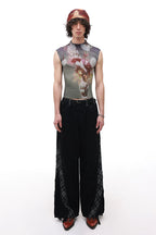 Plaid Lace Panel Draped Boho Flared Jeans