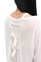 Semi-Sheer Printed Fitted Knit Long Sleeve T-Shirt