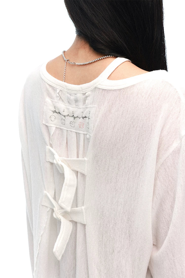 Semi-Sheer Printed Fitted Knit Long Sleeve T-Shirt