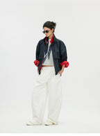 Contrast Trim Double-Placket Stand Collar Oversized Jacket
