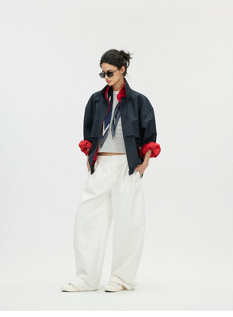Contrast Trim Double-Placket Stand Collar Oversized Jacket