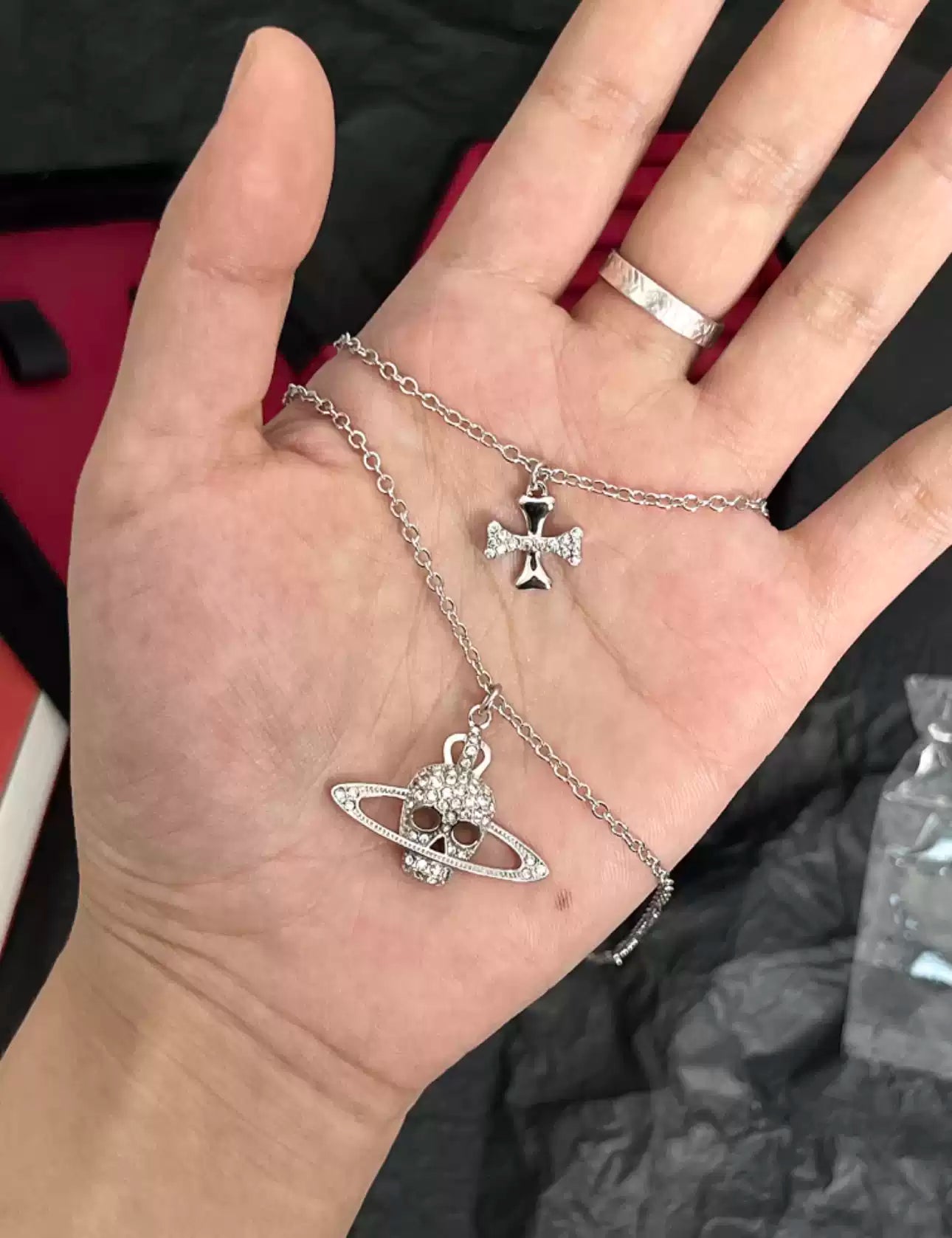 Saturn Skull Cross Layered Necklace