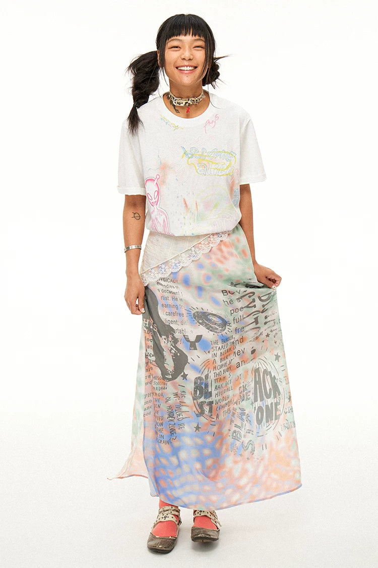 Reversible Alien Futuristic Print Chiffon Mesh Skirt