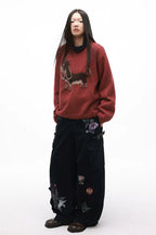 Grotesque Hand-Drawn Graphic Panel Loose Fit Cargo Denim Pants