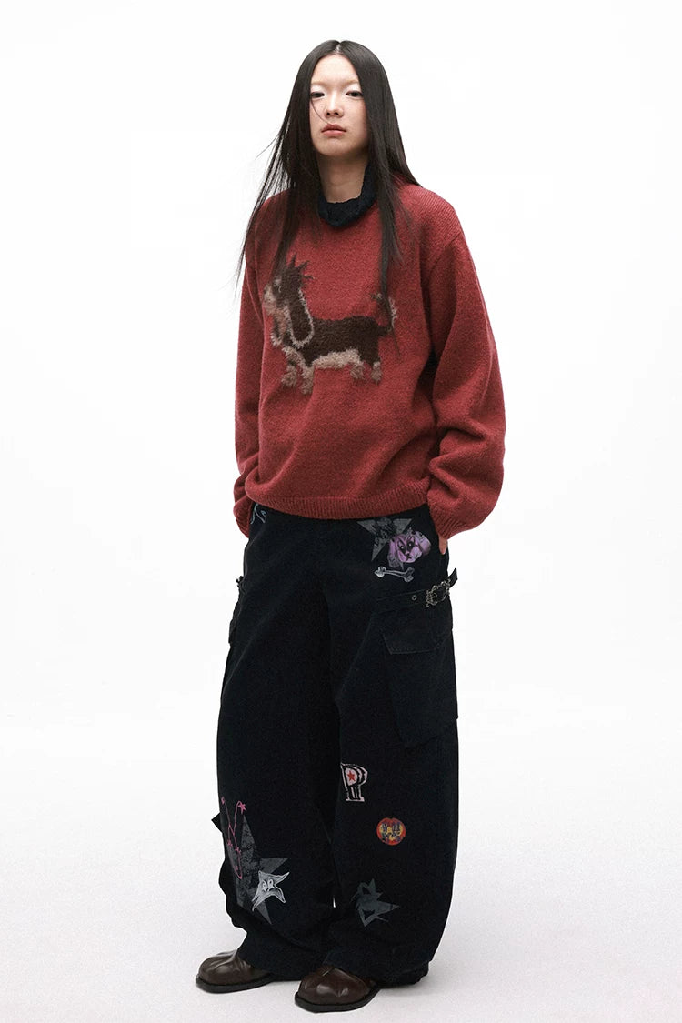 Grotesque Hand-Drawn Graphic Panel Loose Fit Cargo Denim Pants