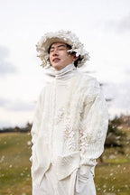 Vintage Asymmetric Chunky Knit Sweater with 3D Leaf Fringe