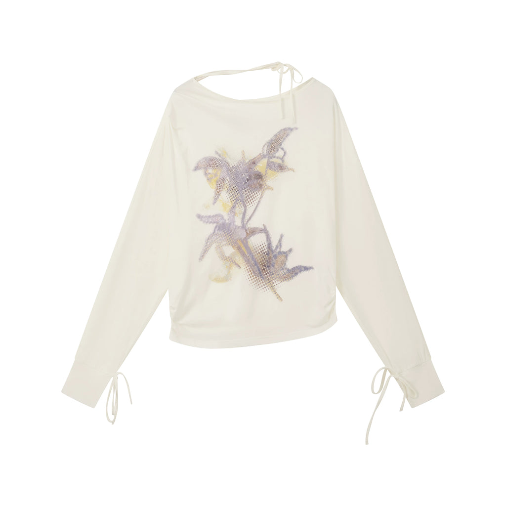 Orchid Print One-Shoulder Tie-Up Long Sleeve T-Shirt