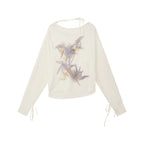Orchid Print One-Shoulder Tie-Up Long Sleeve T-Shirt
