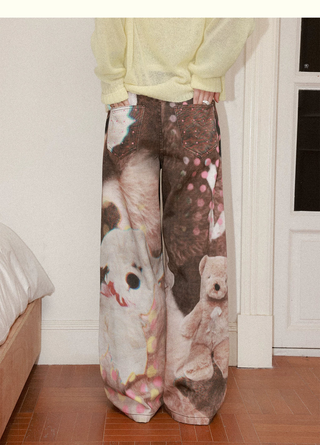 All-Over Doll Print Wide-Leg Denim Pants