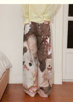 All-Over Doll Print Wide-Leg Denim Pants