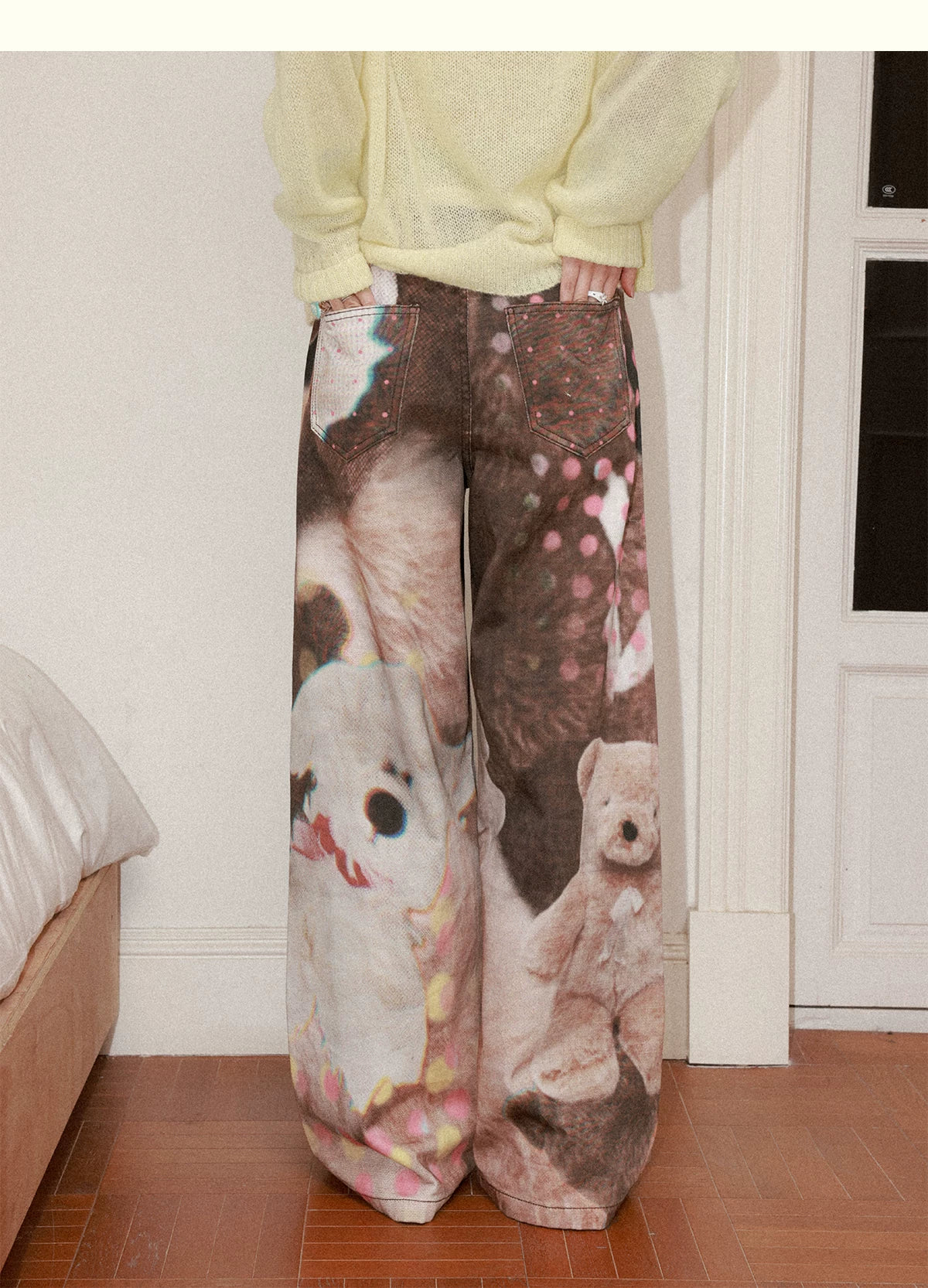 All-Over Doll Print Wide-Leg Denim Pants
