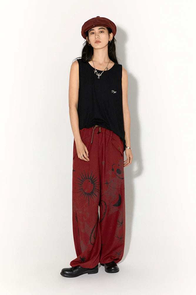Retro Sun Print Loose Fit Casual Pants – Breathable Spring/Summer Trousers