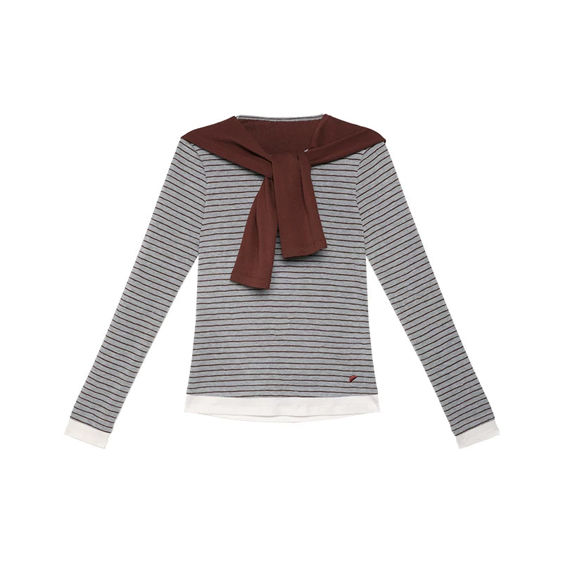Crew Neck Relaxed Fit Layered-Look Striped T-Shirt – Casual Two-in-One Tee