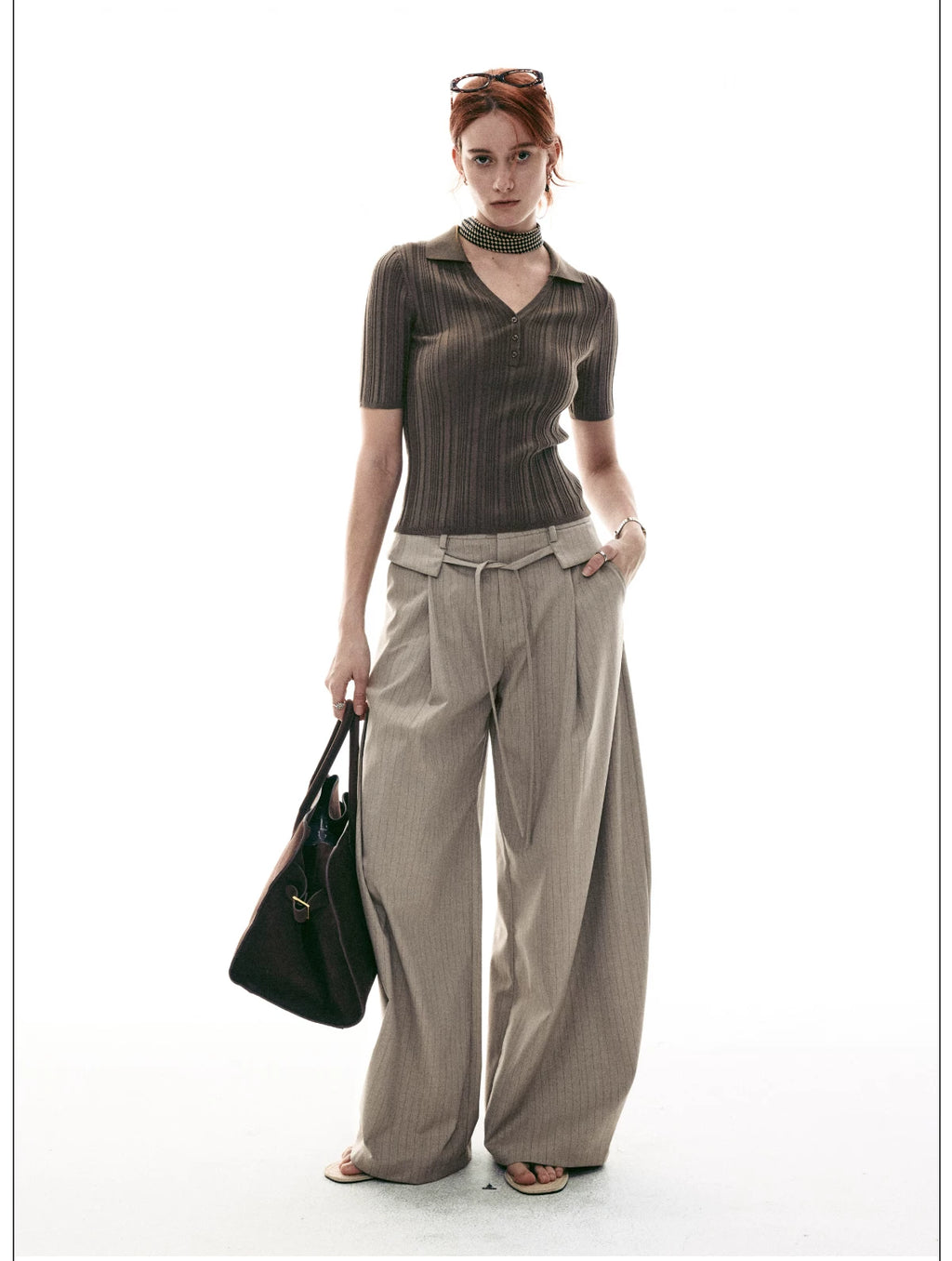 French-Inspired Ribbed Half Sleeve Polo Knit Top