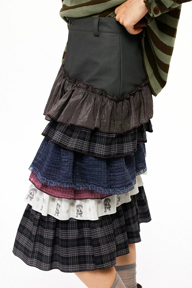Curved Colorblock Polka Dot Pleated Midi Cake Skirt