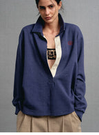 Contrast Trim Embroidered Long Sleeve Polo Shirt
