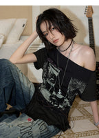 NANA Collaboration Asymmetrical Off-Shoulder Lace Hem Lace-Up Graphic T-Shirt