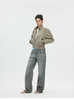 Vintage Washed Cropped Jacket with Plaid Lining