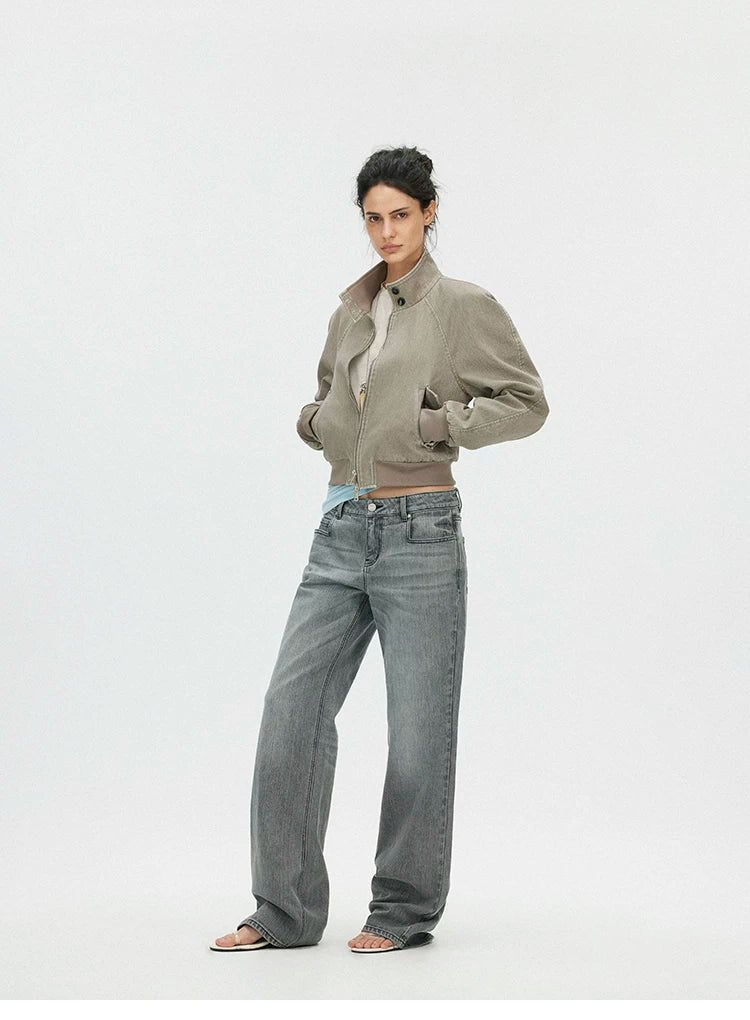 Vintage Washed Cropped Jacket with Plaid Lining