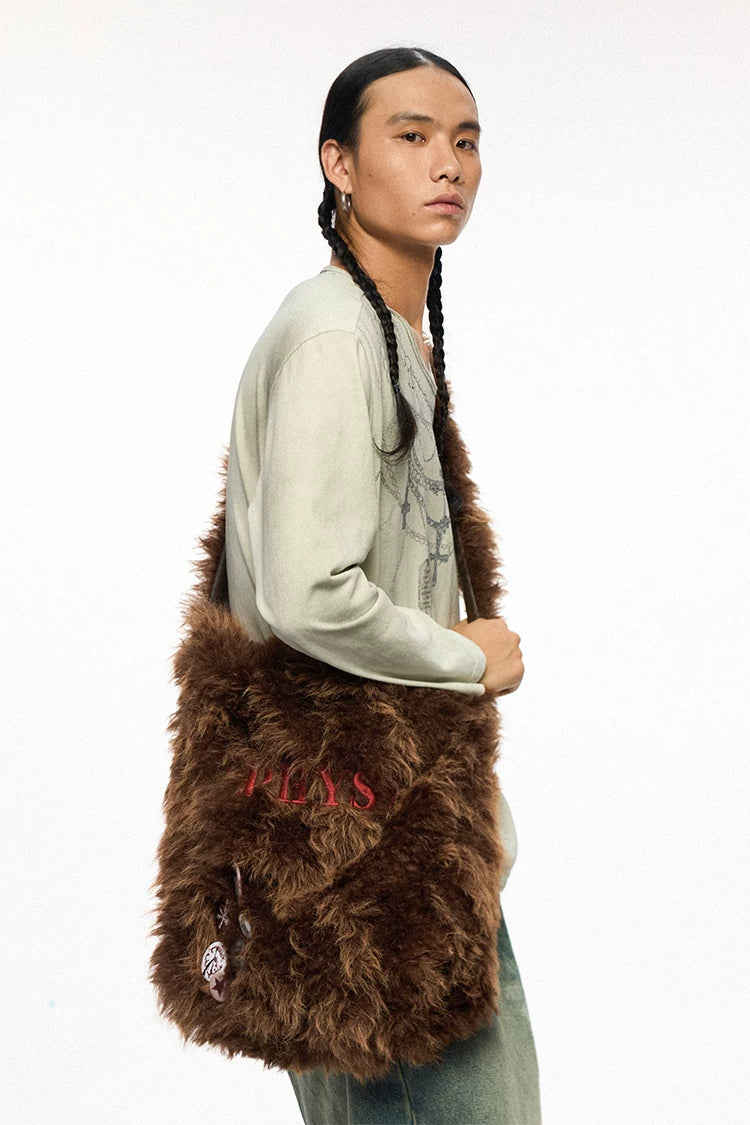 Brown Plush Embroidered & Leather Crossbody Bag – Large Capacity