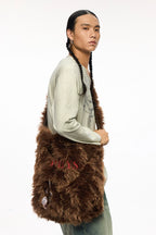 Brown Plush Embroidered & Leather Crossbody Bag – Large Capacity