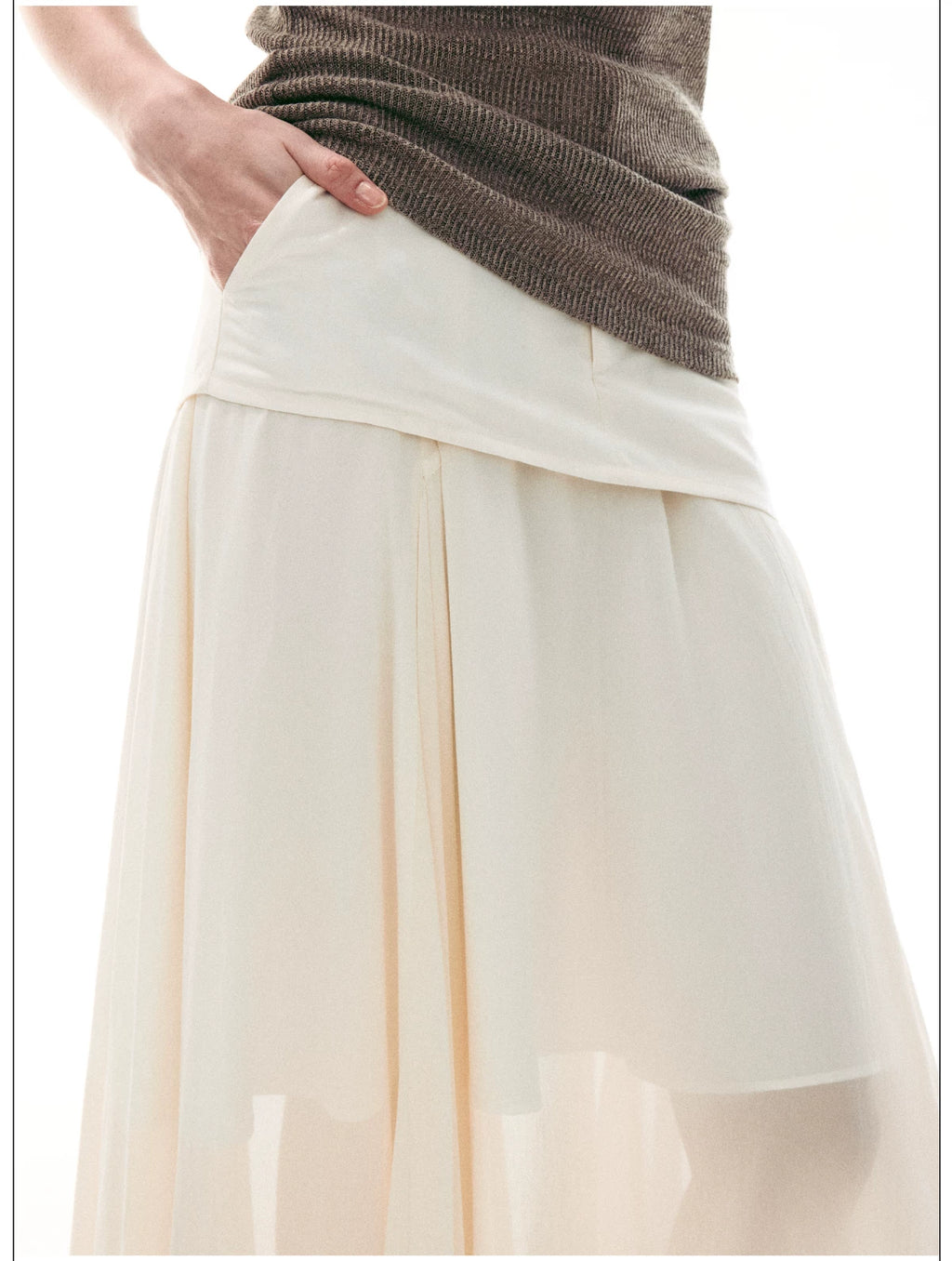 French-Inspired Faux Two-Piece Asymmetric Silk Skirt