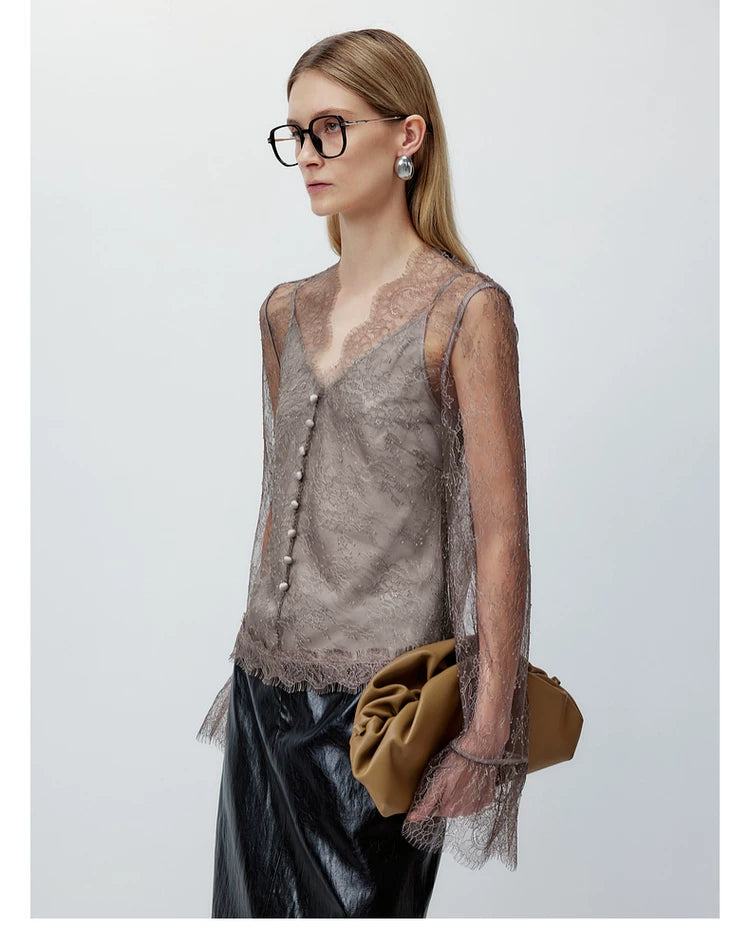 Women's Lace Trim V-Neck Slim Fit Layering Top